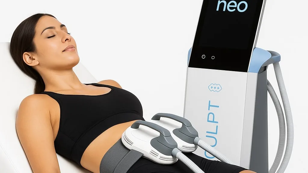 A patient receiving an Emsculpt Neo treatment, with the applicators positioned over the abdomen